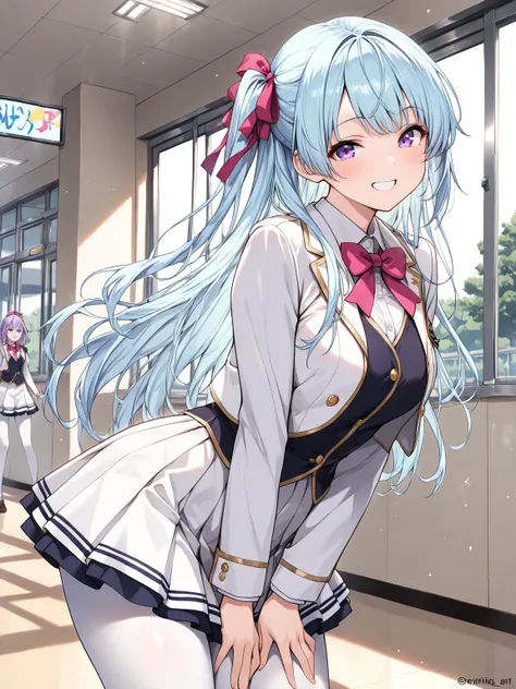 ((masterpiece, best quality, extremely detailed)), 1girl, light blue hair, long hair, purple eyes, hair ribbon, idol, school uniform, white pantyhose, grin, school, looking at viewer,