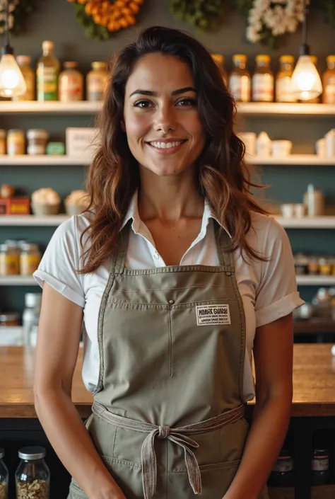 Brazilian woman, white, brown hair, from Minas Gerais, wearing an apron, in front of the counter of a store selling Minas Gerais products, some regional products on the shelf in the background, well-lit and bright store, promotional photo, impressive look,...