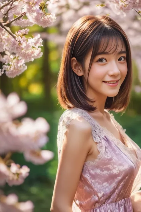 (8k, RAW photo, photorealistic, HQ, masterpiece), a cute Japanese woman, (glowing eyes), (from below:1.2), 
(shy smile), brown hair, (Violet color dress, sleeveless long dress, elegant lace silk fabric dress:1.2), large breasts, (in A vast forest filled wi...