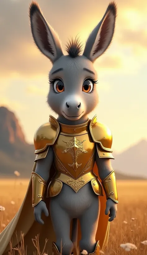 **"An ultra realistic baby donkey ,  with soft and detailed coat in shades of light gray ,  wearing gold armor inspired by the anime Knights of the Zodiac. The armor is elaborate and shiny ,  with golden pieces that fit the body of the donkey ,  giving it ...