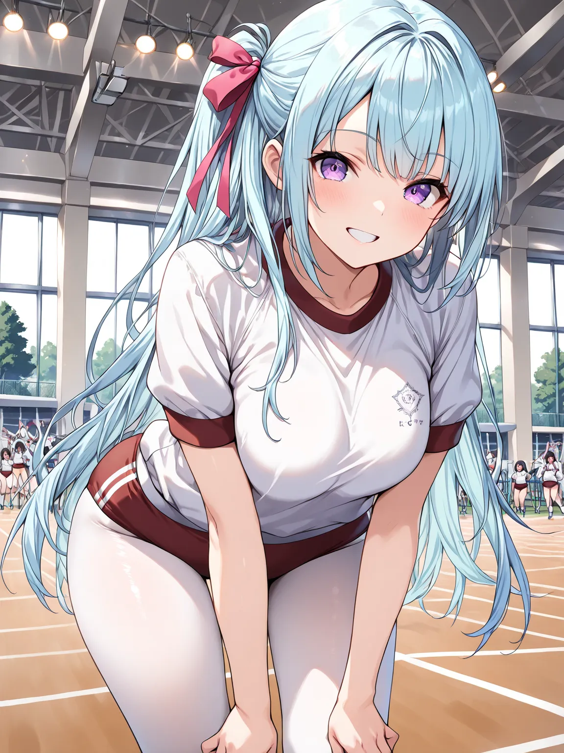 ((masterpiece, best quality, extremely detailed)), 1girl, light blue hair, long hair, purple eyes, hair ribbon, idol, gym uniform, buruma, white pantyhose, grin, school, looking at viewer,