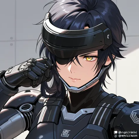 robocop, solo, assault visor, cyborg, science fiction, robot joints, helmet,shokudaikiri mitsutada,black hair,yellow eyes,black eye patch,eye patch on right eye,nagiichixl, femboy,