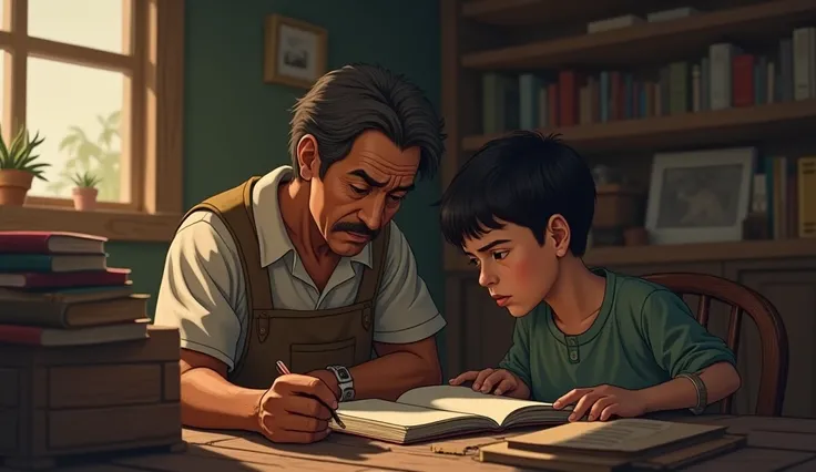 A hardworking father and his son sitting in a small house. The father looks worried, while the son is focused, reading a book, determined to change his life."
