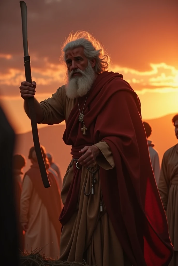  An image of Abraham with his white hair tying Isaac to the altar,  his hands shaking , as he lifts the cleaver .  The lighting is dramatic ,  with the setting sun creating deep shadows and a reddish sky in the background. Style:  Cinematographic , realist...