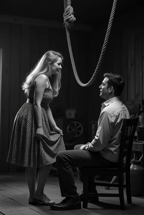 This black and white photograph depicts a scene inside what appears to be a rustic barn or shed. Two figures are the main subjects: a woman standing on the left and a man seated on the right.

On the left side of the frame, a woman with long, light-colored...