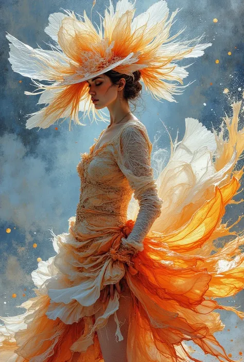 woman, hat made of icy transparent glass physalis, dress made of a million petals, splashes of juice, dynamic pose