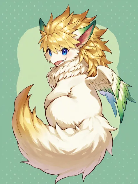 Draw Ramco from Seiken Densetsu: Visions of Mana. Ramco is a  of a sacred beast with fluffy white fur and a golden mane, resembling a small dragon. It has a cute, rounded body with large, expressive blue eyes that make it look endearing. Ramco has small wi...