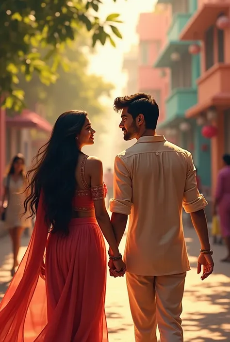 A voluptous indian girl holding her boyfriend's hand as they are walking 