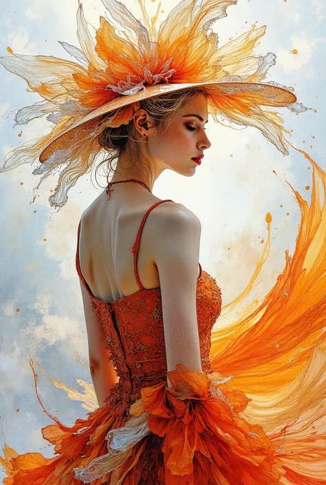 woman, hat made of icy transparent glass physalis, dress made of a million petals, splashes of juice, dynamic pose