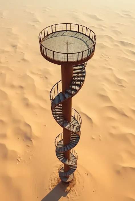  A very tall rusty metal stick with a slatted platform at the top, going into the sky. A fully straight metal staircase is attached to it ,  going straight upwards without curves ,  of turns or roundnesses .  The staircase is not spiral , not broken ,  but...