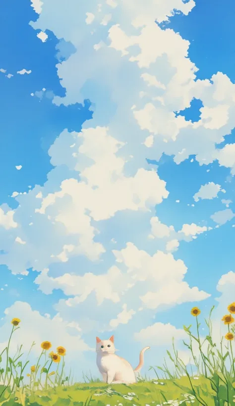  watercolor、cat、  one girl、catと女の子、  hill 、lawn、Cumulonimbus、   blue sky、 Airplane Clouds  、  Amazing Scents 、  beautiful landscape、 