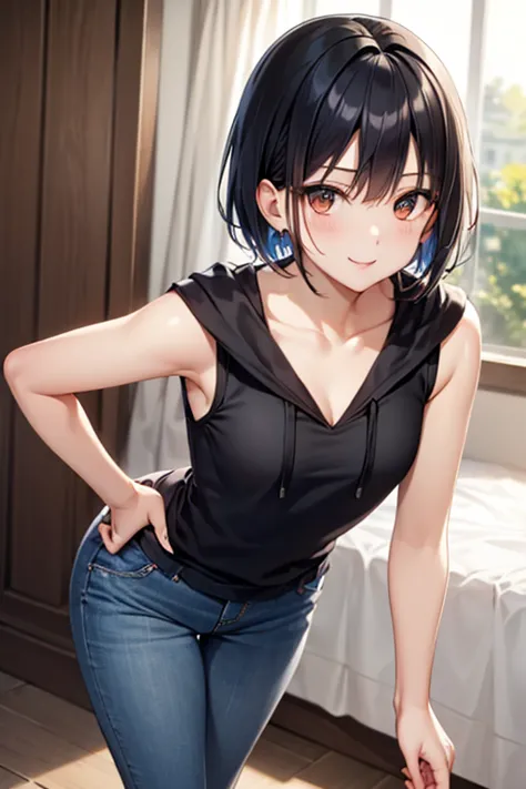 short hair, ( brown pretty eyes, Sparkling Eyes , Fine grain)、smile, top quality、 looks up  Sleeveless hoodie 、 denim pants with open front、   raise your face 、slender、  small breasts、  forward leaning position、  lean forward  