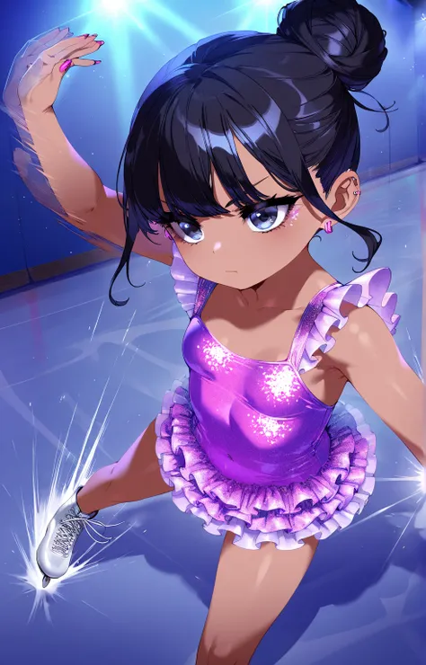 (sfw:1.5), (gyaru:1.3), solo loli_girl ,frilled glitter costume, figure_skating, black hair, hair bun, small breast, serious, smag, jump, afterimage, perspective