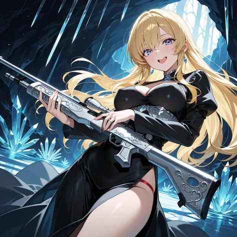 Score_9, score_8_up, score_7_up, source_semi-real, rating_safe, rating_questionable;; 1woman, solo, opera vectra;; looking happy, yellow blonde hair, dangerous pose, (holding white and silver rifle:1.37), Barrett 50 caliber sniper rifle with sci-fi muzzle ...