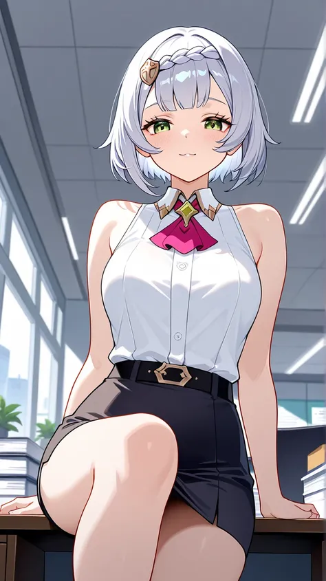  noelle   ( genshin impact ) wearing a sleeveless shirt, short skirt, sitting at a work desk, looking down towards the viewer,  seductive expression ,  office background ,   short hair  , silver-colored hair