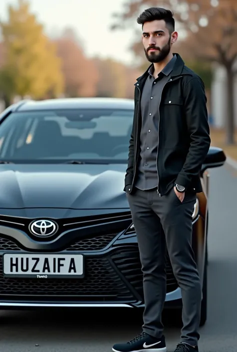 20 year old beard man wearing pants shirt and black jacket standing with black Toyota Camry show full car view with Toyota Logo and write Huzaifa on car number plate. Keep it real 