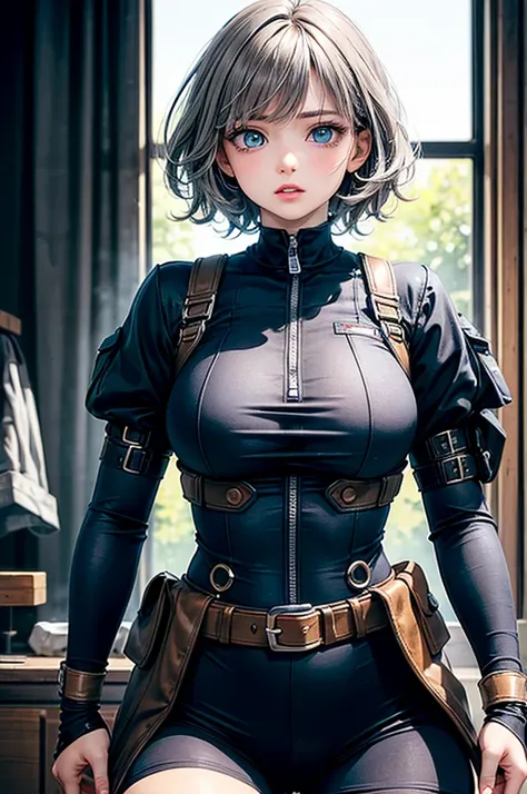 ((masterpiece)), ((best quality)), (ultra-detailed), cute, (lovely), ((extremely detailed)), 4K, (8K), best quality, (beautiful), illustration, (upper body), (fighting stance), battlefield, soldier, a pretty woman, solo, ((combat bodysuit)), belt, beautifu...