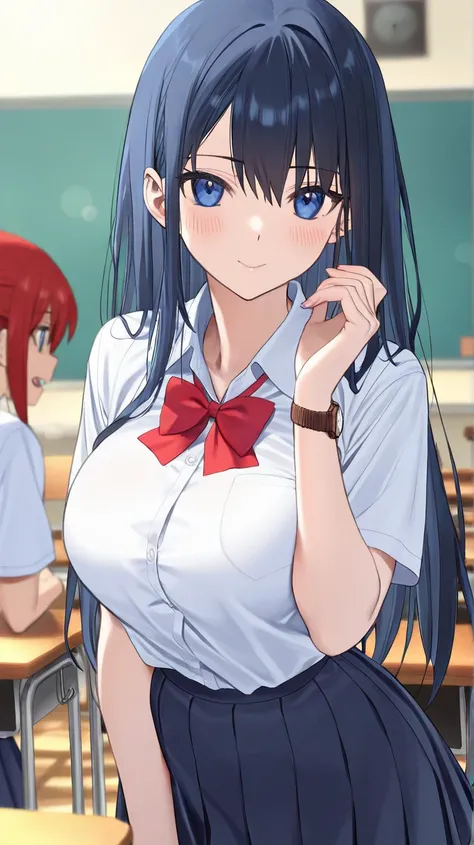 ( Masterpiece,  top quality:1.2)、 high school girl、 gal、 shirts、 dark blue pleated skirt、classroom、The expression that noticed something、 face、Watch someone invited by a friend 、 beautiful breasts、( top quality),( ultra detail)、( very detailed and beautifu...