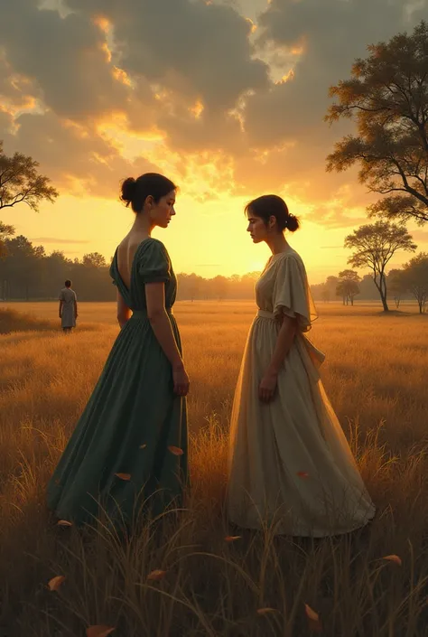 Table 1:
cena: Environment:  open field at dusk .

 Wide view of the field ,  with the golden and gray sky .  Helena is in the center of the painting ,  pants on the back,  with her face slightly turned to the horizon .  The hair tied in a simple bun ,  an...