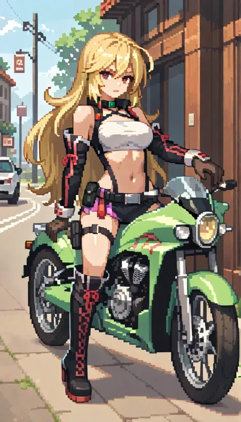 score_9, score_8_up, score_7_up, (1girl), large breast, masterpiece,amazing quality, very aesthetic, fit, gorgeous, high resolution, anime picture, pixel art, tox1milla driving a motorcycle, blonde hair, multicolored hair, ahoge, white tube top, black stra...