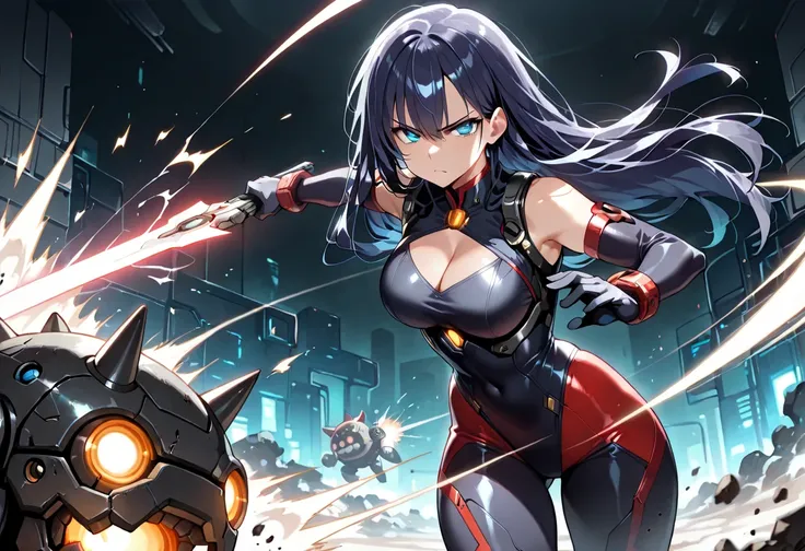 ((masterpiece, best quality, ultra detailed, high resolution, beautiful detailed face, beautiful detailed eyes, perfect hands)), (1 girl, solo), (body suit, sleeveless, cleavage cutout, highleg), standing, fighting stance, holding the laserblade, glowing b...