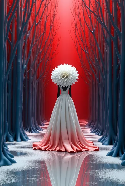 flower-dress and hat-mask, 3d landscape from-inside floor, white on indigo in scarlet, gradient construction, unusual, lines, liquid, surreal trees