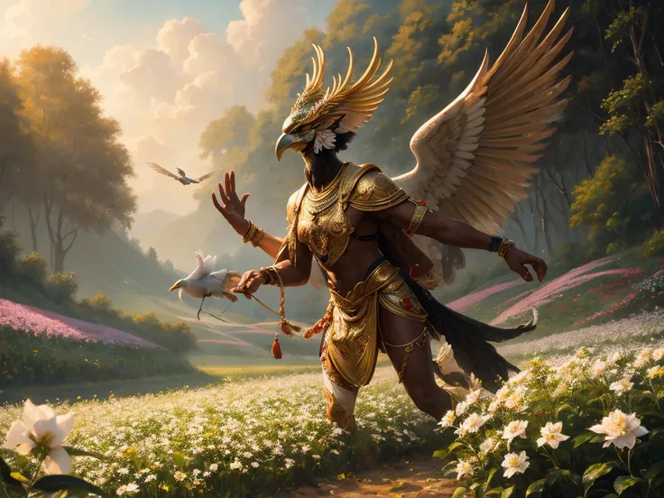 Top quality oil painting of Garuda with bird head and human body flying in the sky overlooking the jasmine flower field