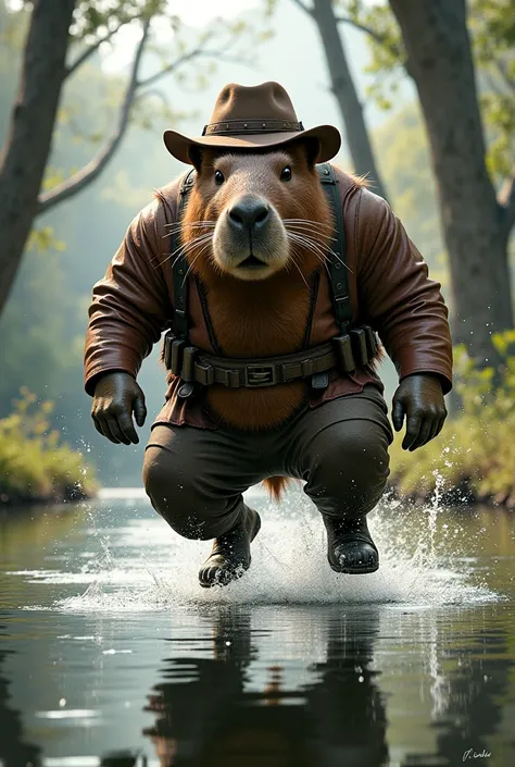 I want a humanoid capybara, Strong and jumping into the water, With hunting clothes  