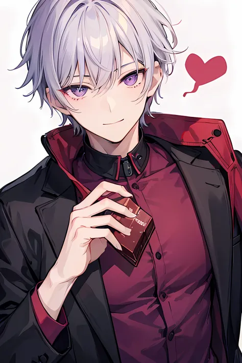  Young man, grey short hair, purple eyes, black red clothes male, handsome man, cool man, valentine background, smile face,  eating chocolate, not close up