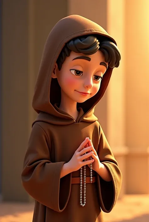  Animated image of Saint Francis of Assisi as a boy for a shirt , with his sayal and habit ,  plus his hood attached ,  that shows that he is praying the rosary and that the image is complete 