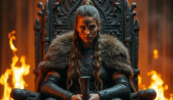 "A powerful female Viking chief, sitting on a throne carved from wood and bone, surrounded by flickering torches. Her face is painted with war markings, and she holds a horn of mead, exuding authority and wisdom."