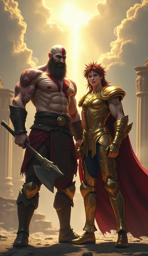 Create a realistic 8K image of Kratos, the character from God of War, standing next to Seiya, the Pegasus Knight from Saint Seiya (Knights of the Zodiac), wearing his Gold Cloth. Kratos should have his classic appearance: muscular body, striking red tattoo...