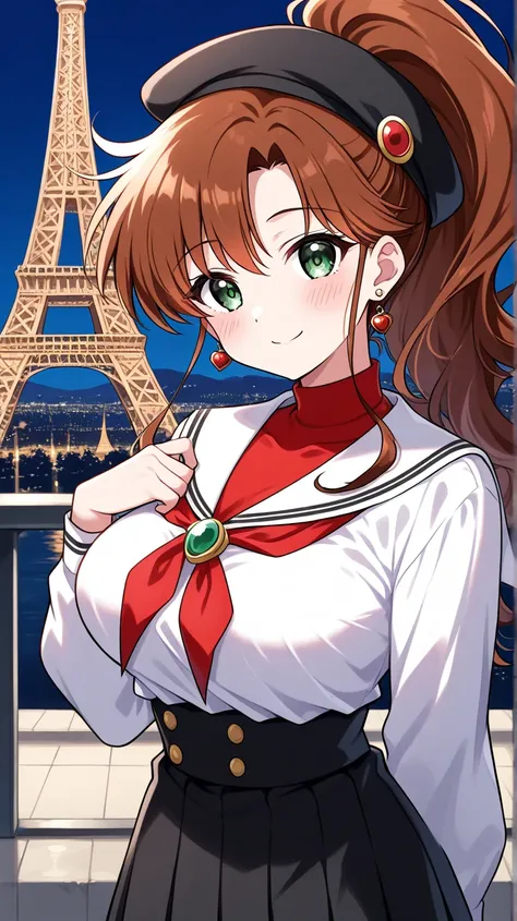 1 girl, obra maestra, mejor calidad, SMiLE, LONg hair, blush face, Brown hair, green eyes, ponytail hairstyle, medium boobs, rose earrings, red earrngs, hair accessory, Kino Makoto, Eiffel tower background, black beret, red neck handkerchief, horizontal st...