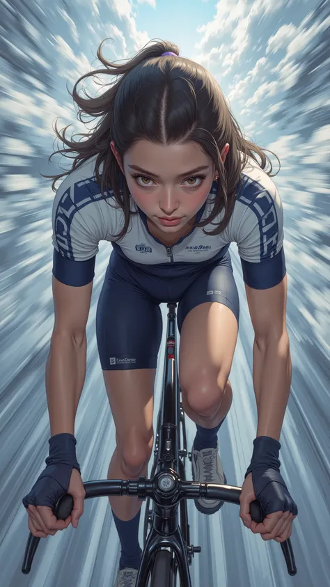  taken from above、 Fisheye 、8k, wallpaper,Japanese high school girl on bicycle、 beautiful face,( racing suit),( racing gloves),( Muscular),( thighs),( dynamic angle:2.0),(Detailed depiction of the bike),(sweat),(  forward leaning posture ,Run in a straight...