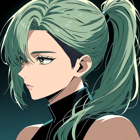 Create a green haired woman anime, the Undercut hairstyle below the hair and the upper hair is collected in a very short high ponytail and the layers of the hair are graded to give it volume and look a little messy, following the wolf-cut style.