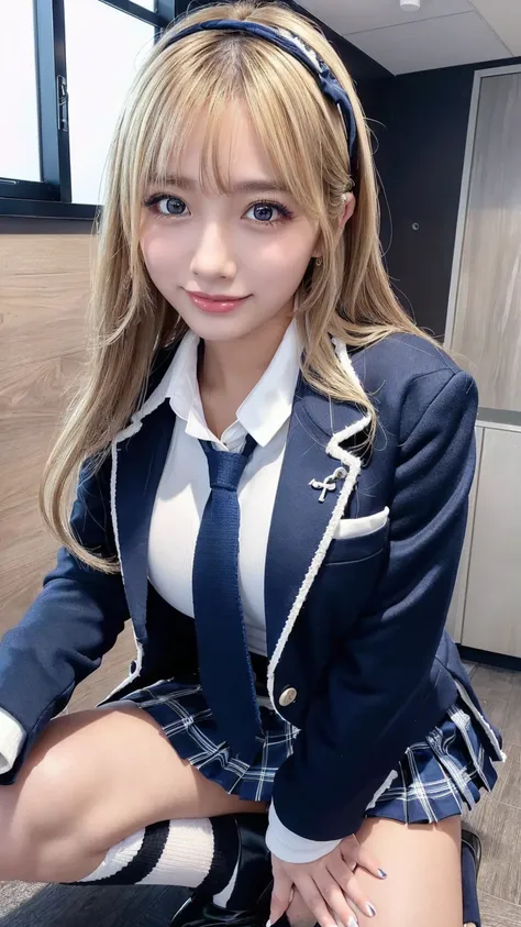 (( Masterpiece,  top quality,  high res,  super high heels)),  Japanese high school girl,( by Nomi:1.5)、 smiles、great face、 closed mouth outside the classroom、 sharp mouth、Glossy Lips 、 long hair,(Beautiful blonde:1.5)、 high school uniform,( navy blue blaz...