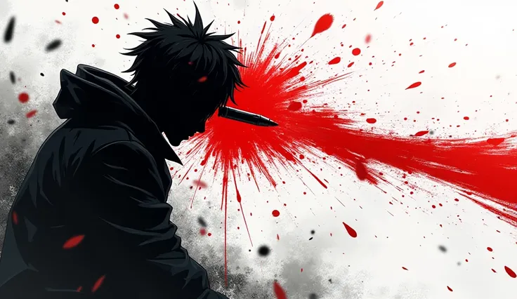 Create impactful Shadow Figth-style 2D art showing black and white anime art with a bullet going through a person's head, staining the screen in high-contrast red.