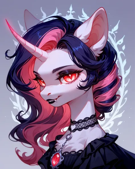 (score_9,score_8_up,score_7_up,score_6_up,score_5_up,score_4_up) black and pink goth vampire pony, glowing, whimsical, enchanted, magical, fantasy art concept, intricate details,
