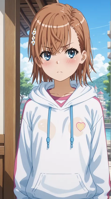 (UHD, retina, masterpiece, accurate, anatomically correct, super detail, high details,  highres, 1080P, 16k、high detail RAW color art:1.3)、 (misaka mikoto:1.3)、 short hair, brown hair、(very flat chest:1.5)、(Shiny skin:1.3)、(cinnamonroll hooded hoodie:1.3)、...