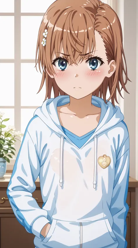 (UHD, retina, masterpiece, accurate, anatomically correct, super detail, high details,  highres, 1080P, 16k、high detail RAW color art:1.3)、 (misaka mikoto:1.3)、 short hair, brown hair、(very flat chest:1.5)、(Shiny skin:1.3)、(cinnamonroll hooded hoodie:1.3)、...