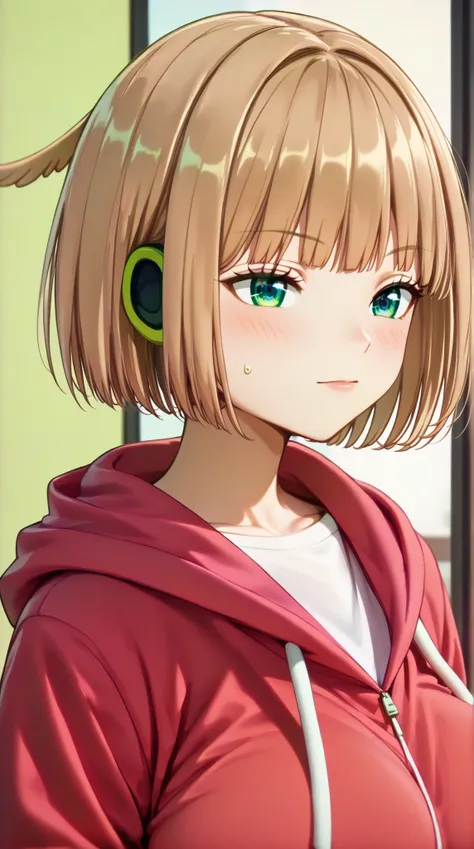 (UHD, retina, masterpiece, accurate, anatomically correct, super detail, high details,  highres, 1080P, 16k、high detail RAW color art:1.3)、(Kirie Konami ai:1.3)、(short hair、light brown hair、bangs、green　Eye :1.5)、(very gigantic breasts:1.3)、(Shiny skin:1.3)...