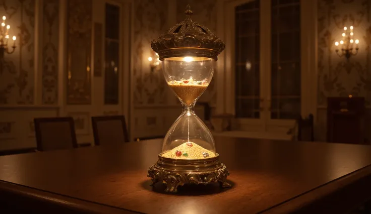 an antique glowing hourglass with sparkling golden sand grains inside, resting on a wooden table in the middle of an opulent, vintage palace room, illuminated by warm, dim lighting. At the bottom of the hourglass, where the sand falls, there are scattered ...