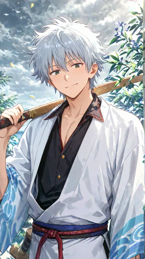 A male anime character with messy silver hair, dead fish eyes, and a relaxed smile. The anime titles are “Gintama” and “Sakata Gintoki”. He wears a black collared shirt with red accents and a white kimono with a blue swirl pattern over his shoulders. He st...