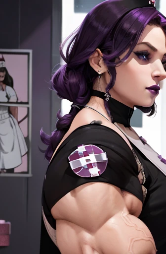 (Close-up), tall, (violet purple hair), beautiful muscular woman, long hair with long bangs, white skinned, closed smile, large breast, (black lipstick), (massive muscles), (hyper muscle), (ginormous bulky muscles), black eyes, (((((nurse uniform dress))))...