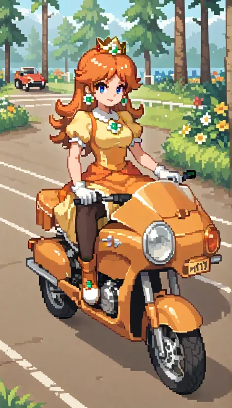 score_9, score_8_up, score_7_up, (1girl), large breast, masterpiece,amazing quality, very aesthetic, fit, gorgeous, high resolution, anime picture, pixel art, princess daisy driving a motorcycle, blue eyes, long hair, orange hair,
crown, daisy, dress, flow...