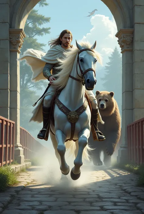 Harap white on a white horse galloping and with his father disguised as a bear behind on a bridge
