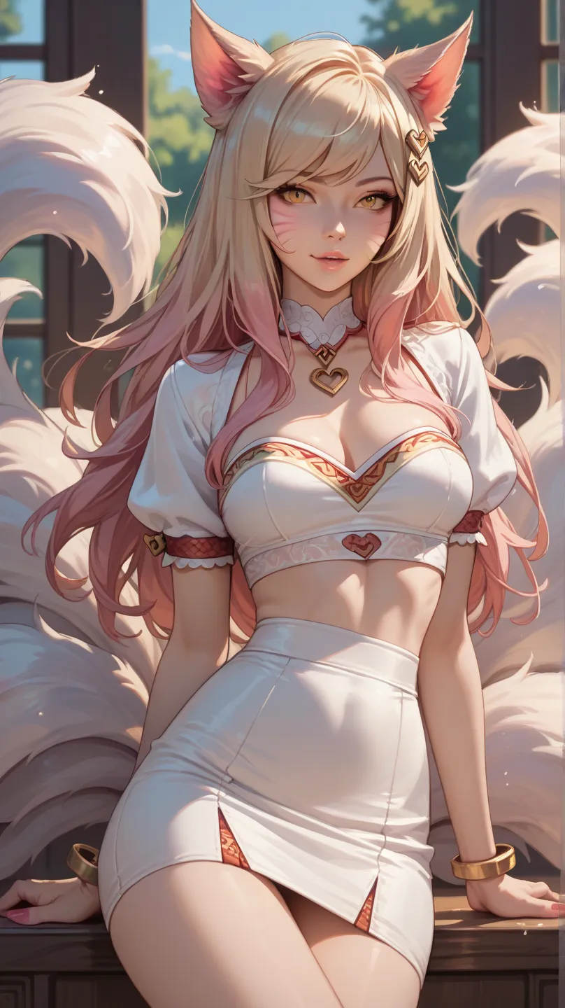 ahri, slim body, white skirt, solo, 1girl, high resolution, uhd