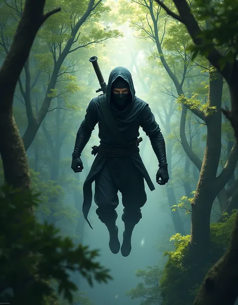 photographic digital painting surreal of a Shinobi in the treetops 