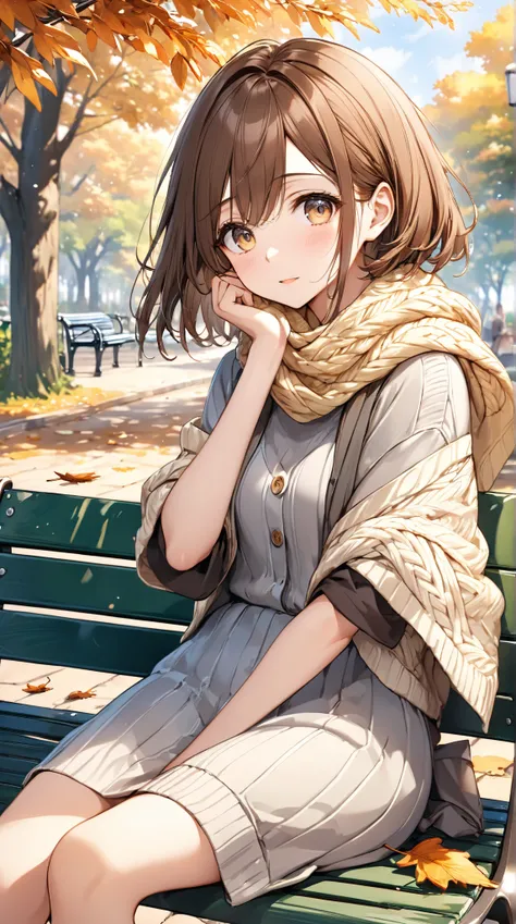 background：Park bench, dead leaves are dancing in the wind 。  
expression： enjoying a quiet time ,and feeling the wind 。  
Costume： casual knit and scarf 。  
Pose：Sitting on a bench, shrugging her shoulders and relaxing 。  
scene：(a brown-haired girl  ), (...