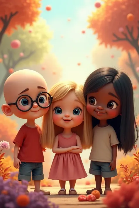 Create an image of a bald white boy with round glasses and a blonde and a black girl with straight hair